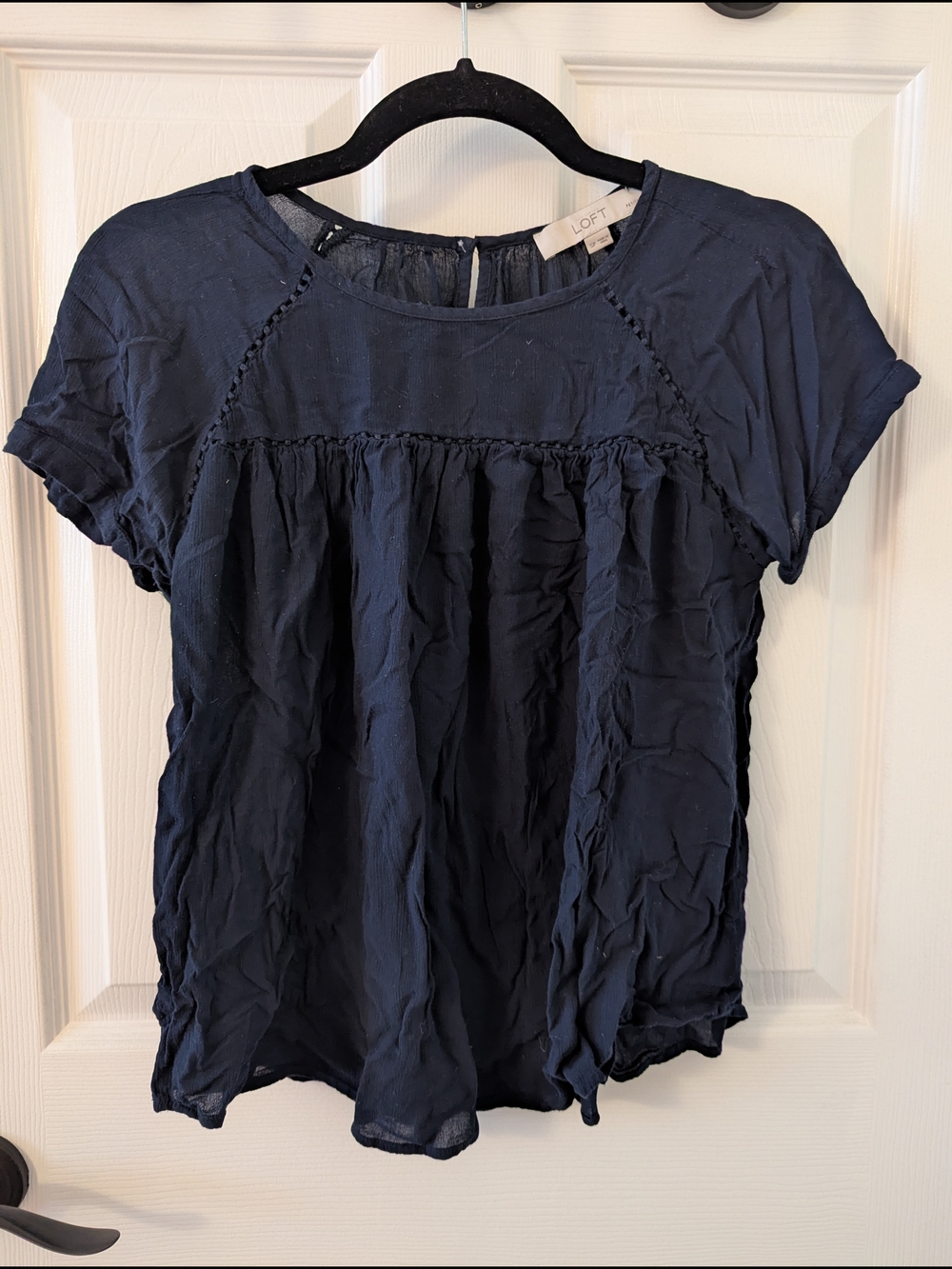 LOFT Black Short-Sleeve Ruffle Yoke Blouse
